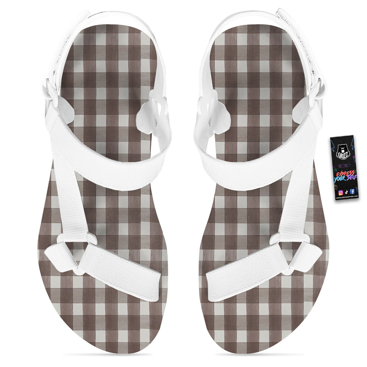 White And Brown Doodle Check Print Pattern White Open Toe Sandals-grizzshop