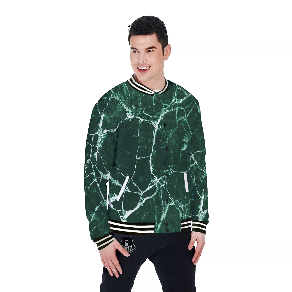 White And Dark Green Marble Texture Print Baseball Jacket-grizzshop