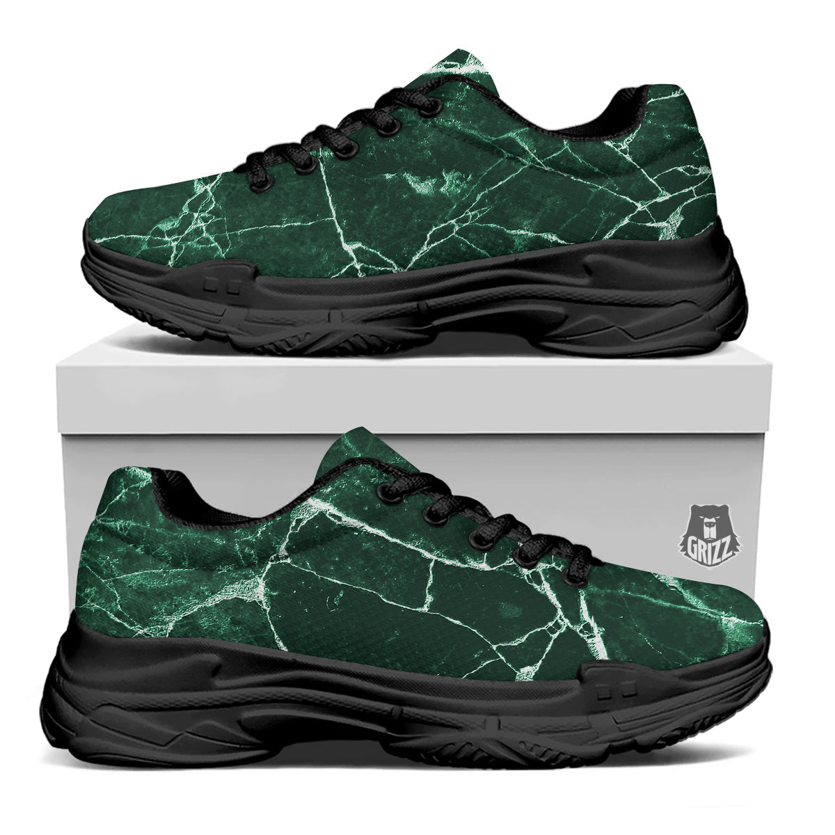 White And Dark Green Marble Texture Print Black Chunky Shoes-grizzshop