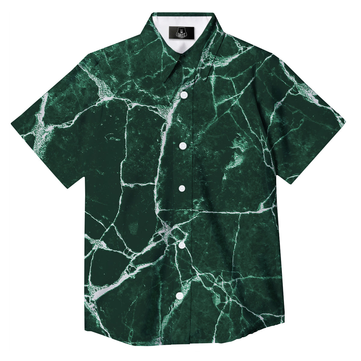 White And Dark Green Marble Texture Print Button Up Shirt-grizzshop