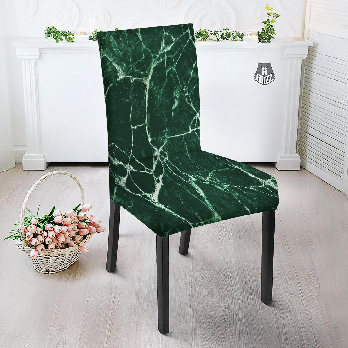 White And Dark Green Marble Texture Print Dining Chair Slipcover-grizzshop
