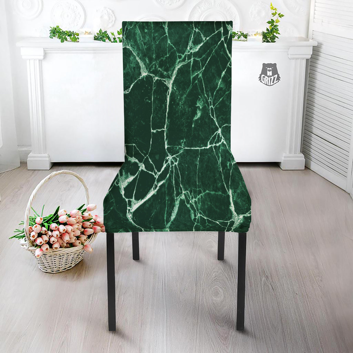 White And Dark Green Marble Texture Print Dining Chair Slipcover-grizzshop