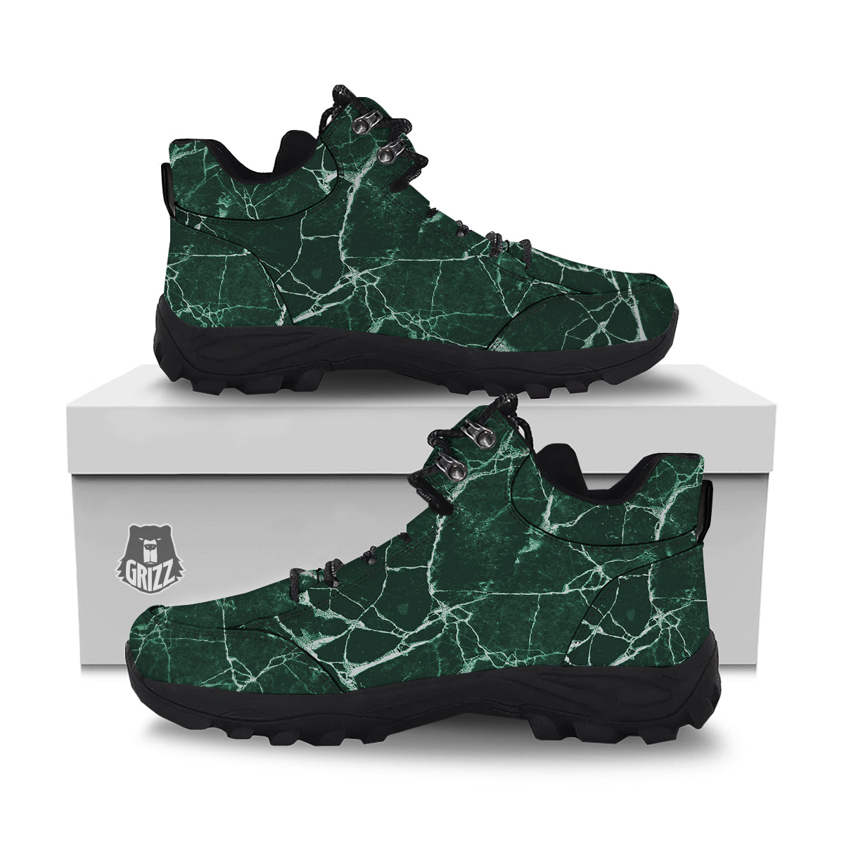 White And Dark Green Marble Texture Print Hiking Shoes-grizzshop