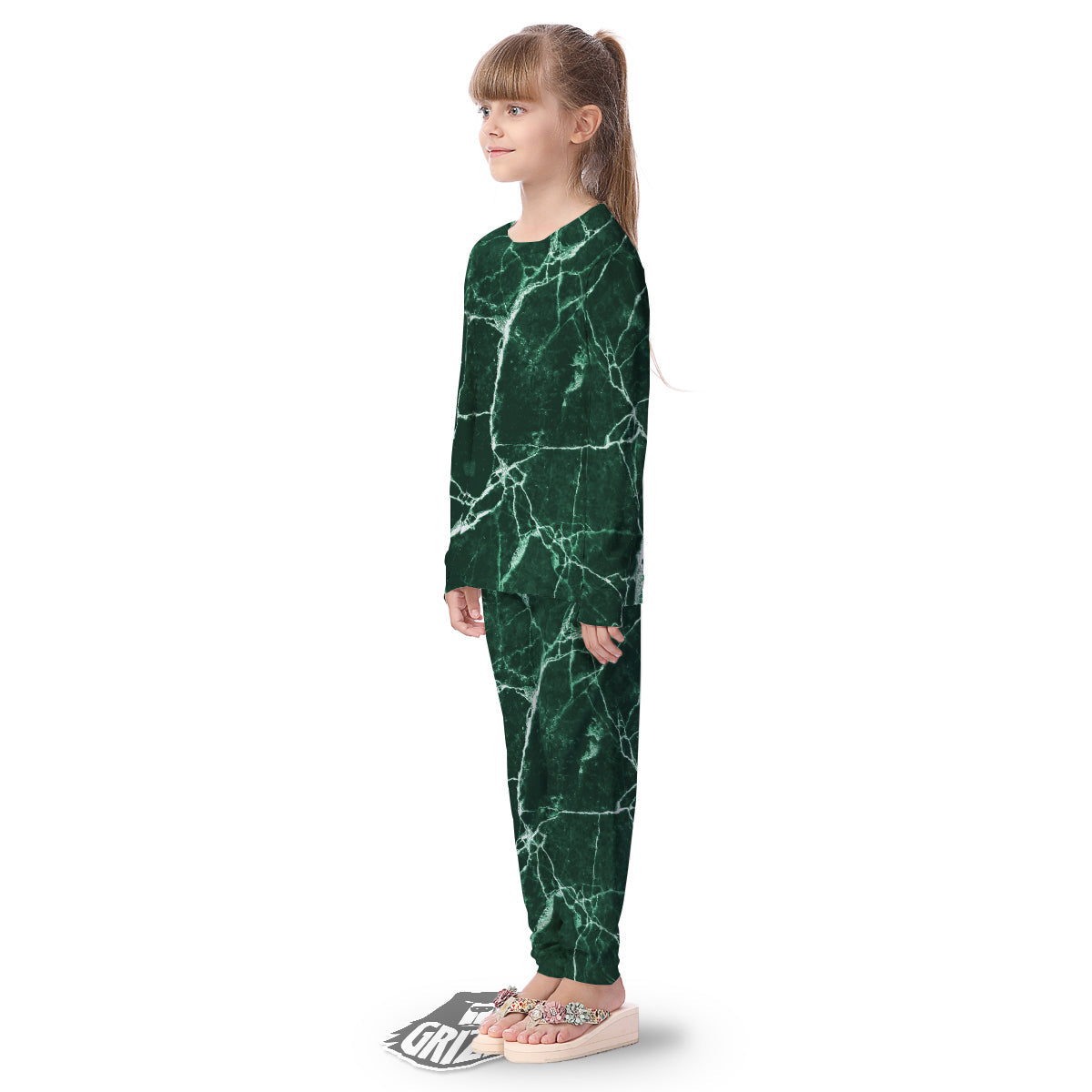 White And Dark Green Marble Texture Print Kid's Pajamas-grizzshop