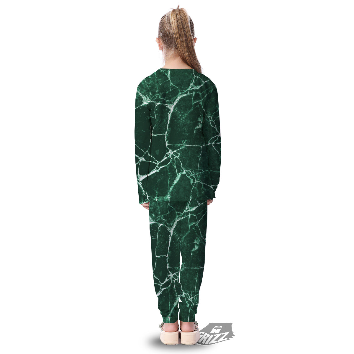 White And Dark Green Marble Texture Print Kid's Pajamas-grizzshop