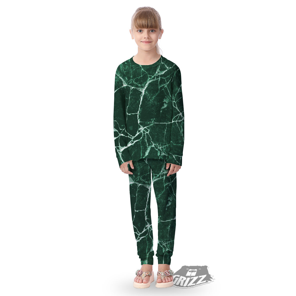 White And Dark Green Marble Texture Print Kid's Pajamas-grizzshop