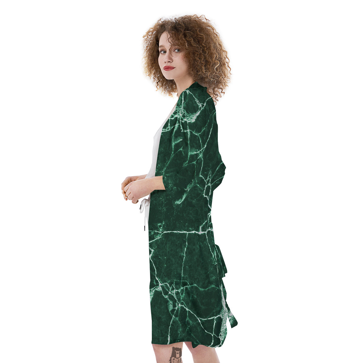 White And Dark Green Marble Texture Print Kimono-grizzshop