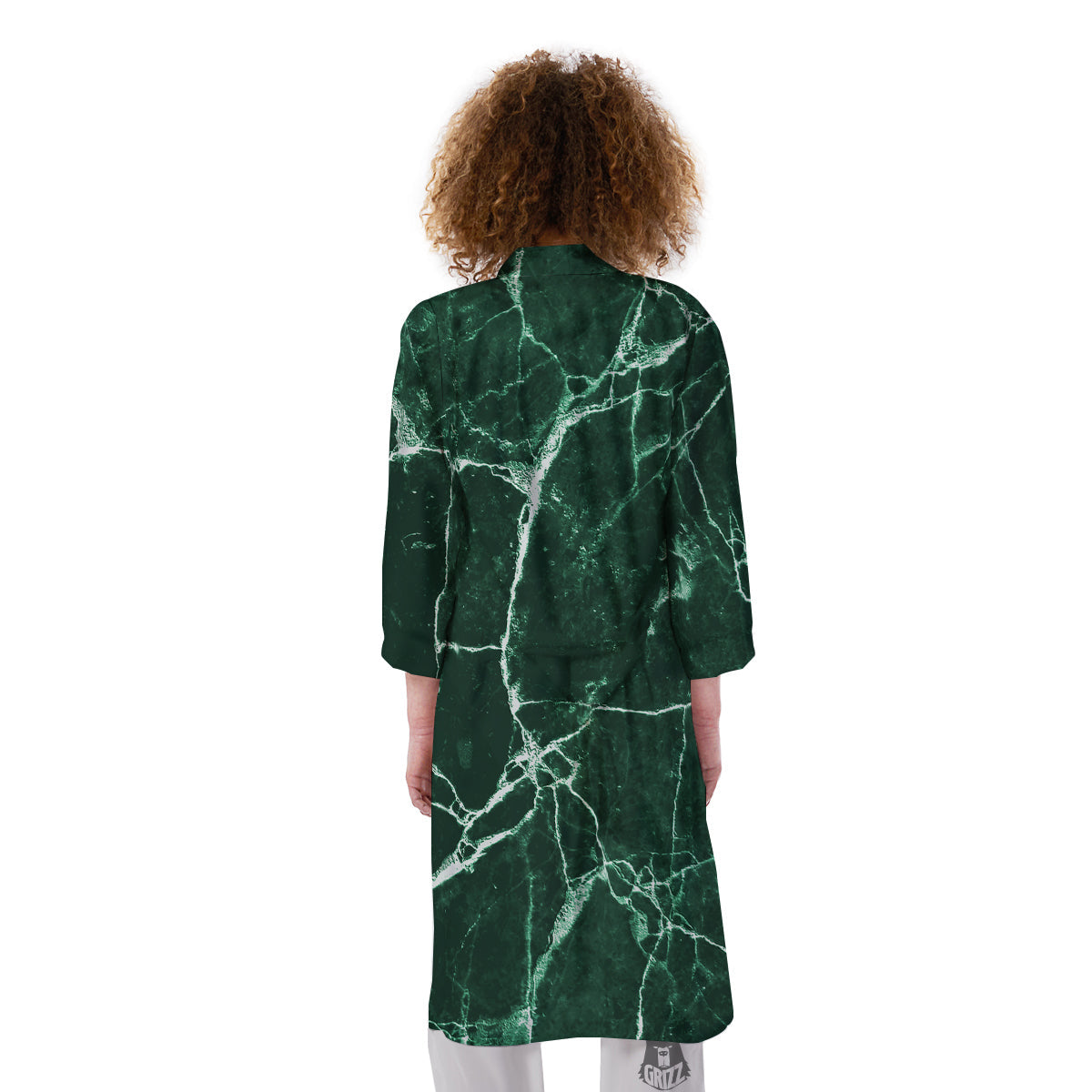 White And Dark Green Marble Texture Print Kimono-grizzshop