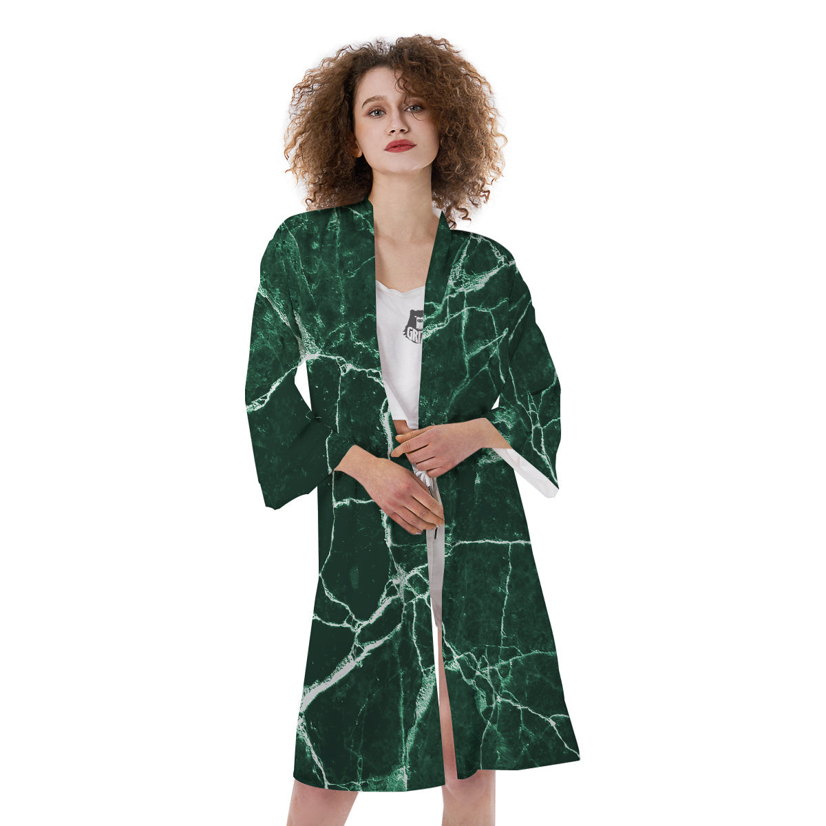 White And Dark Green Marble Texture Print Kimono-grizzshop
