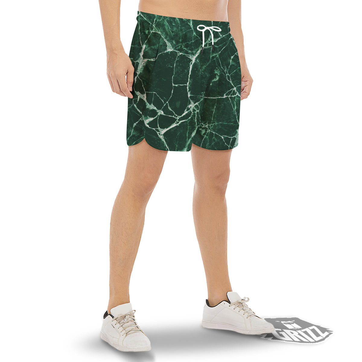 White And Dark Green Marble Texture Print Men's Gym Shorts-grizzshop