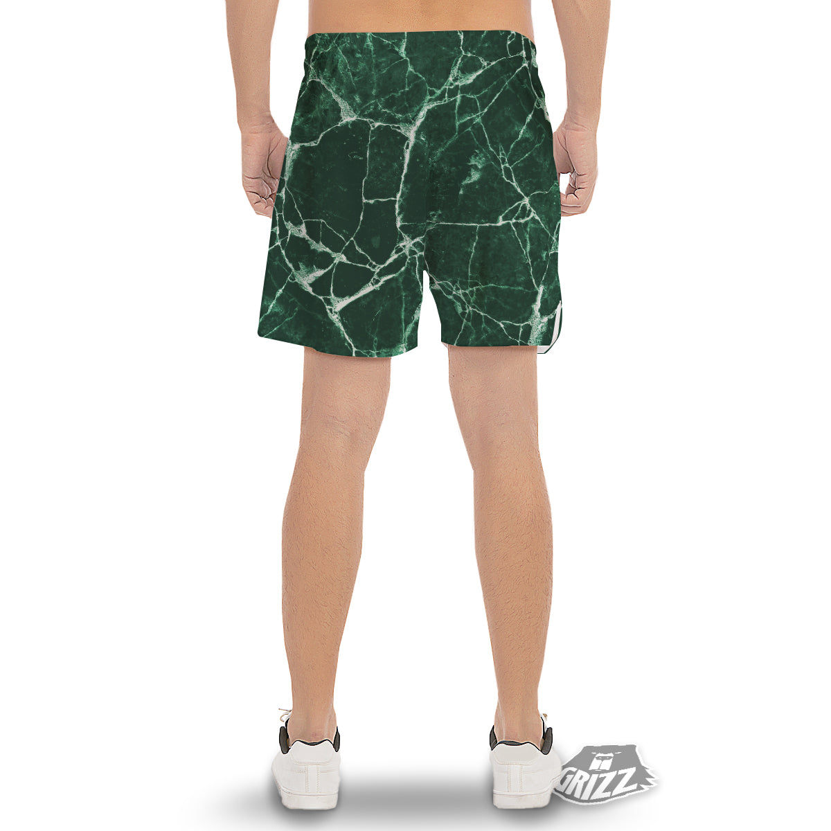 White And Dark Green Marble Texture Print Men's Gym Shorts-grizzshop