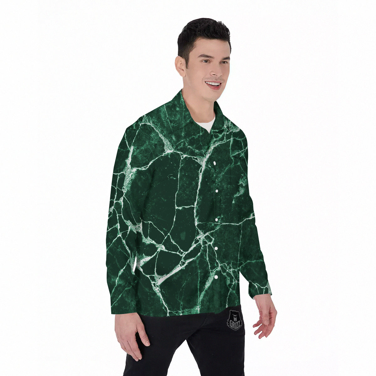 White And Dark Green Marble Texture Print Men's Long Sleeve Shirts-grizzshop