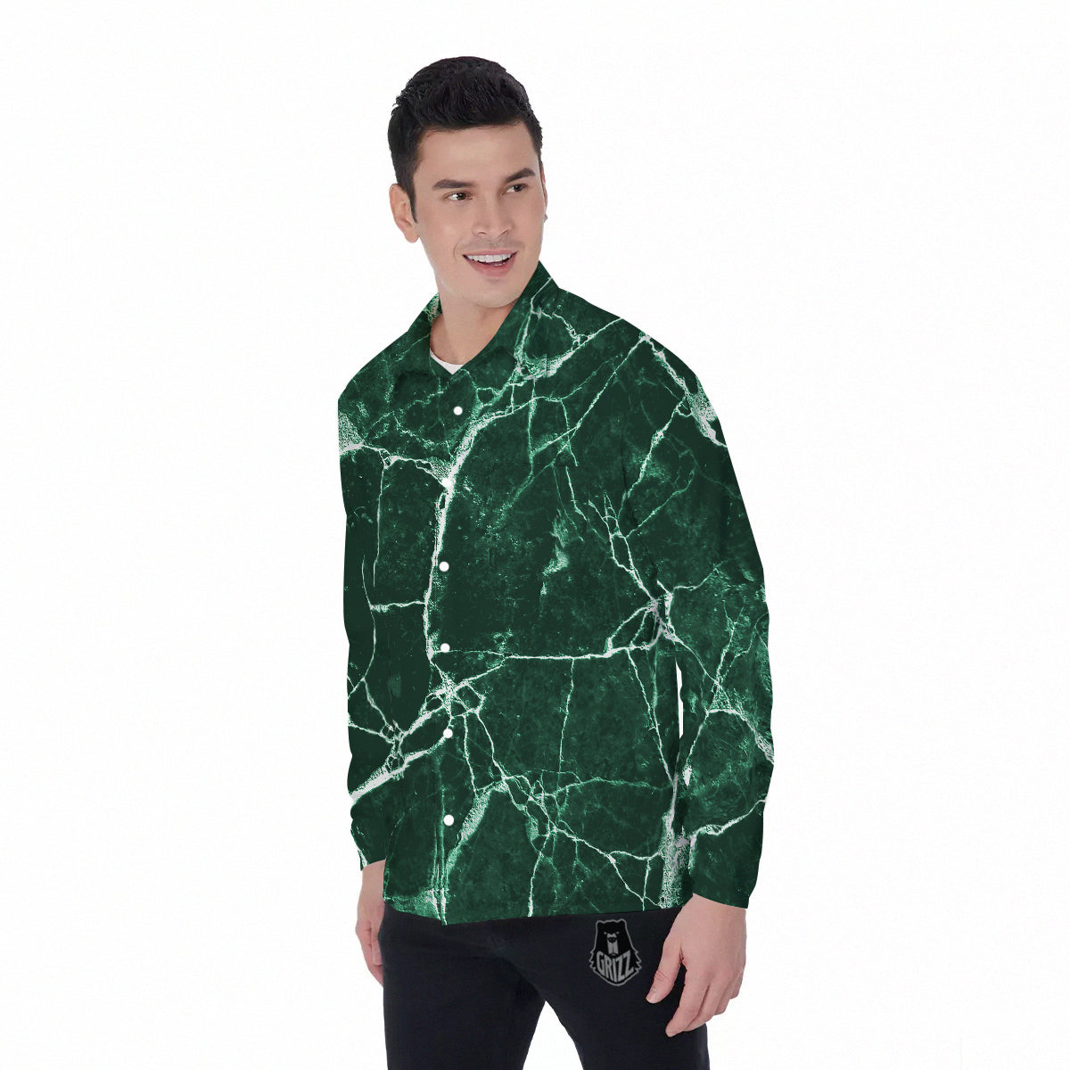 White And Dark Green Marble Texture Print Men's Long Sleeve Shirts-grizzshop