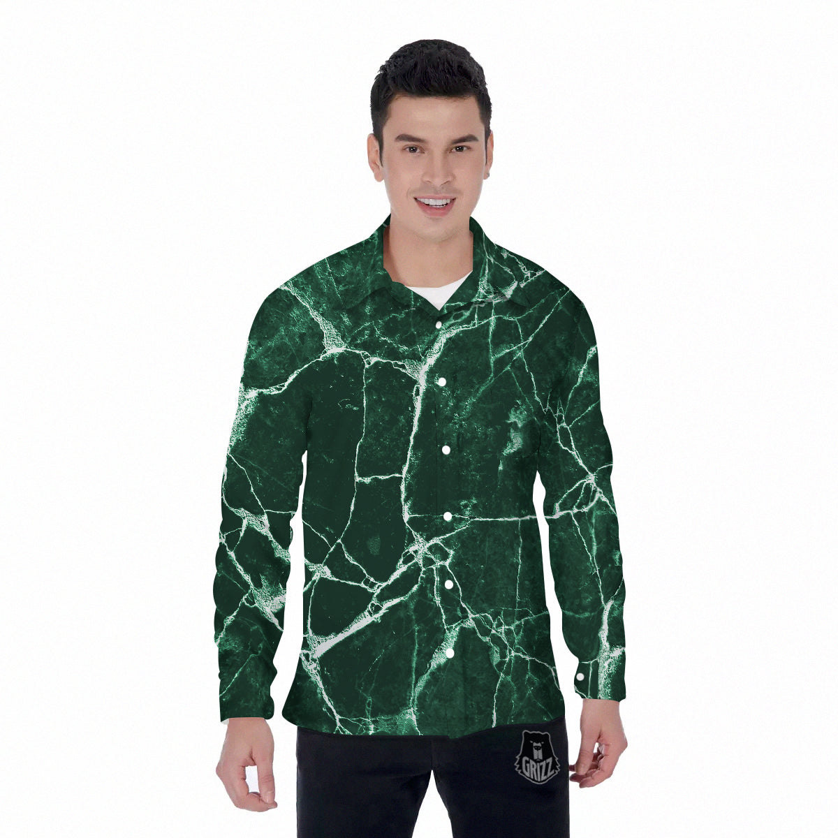 White And Dark Green Marble Texture Print Men's Long Sleeve Shirts-grizzshop