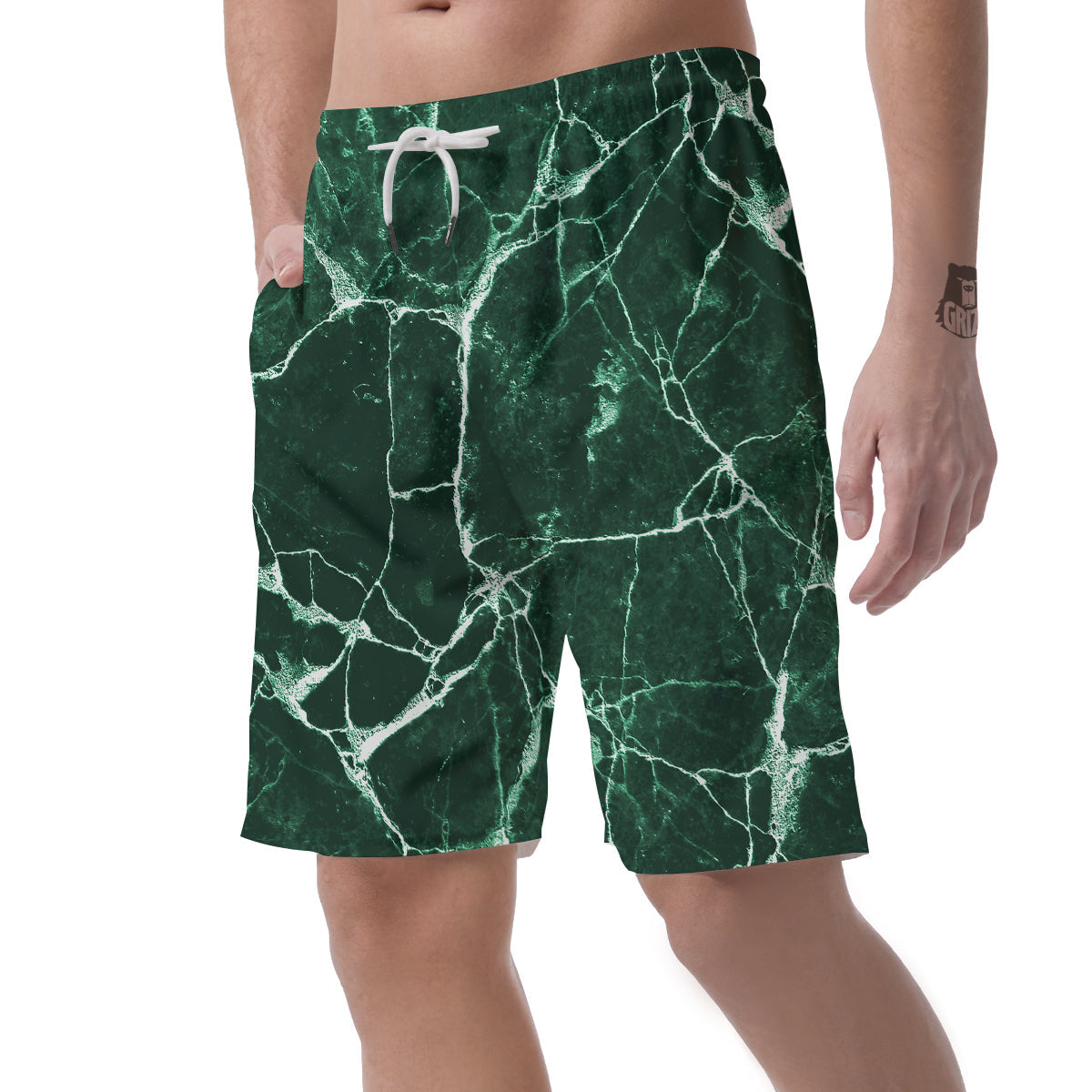 White And Dark Green Marble Texture Print Men's Shorts-grizzshop