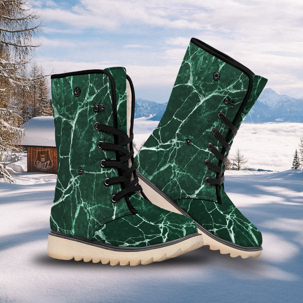 White And Dark Green Marble Texture Print Snow Boots-grizzshop