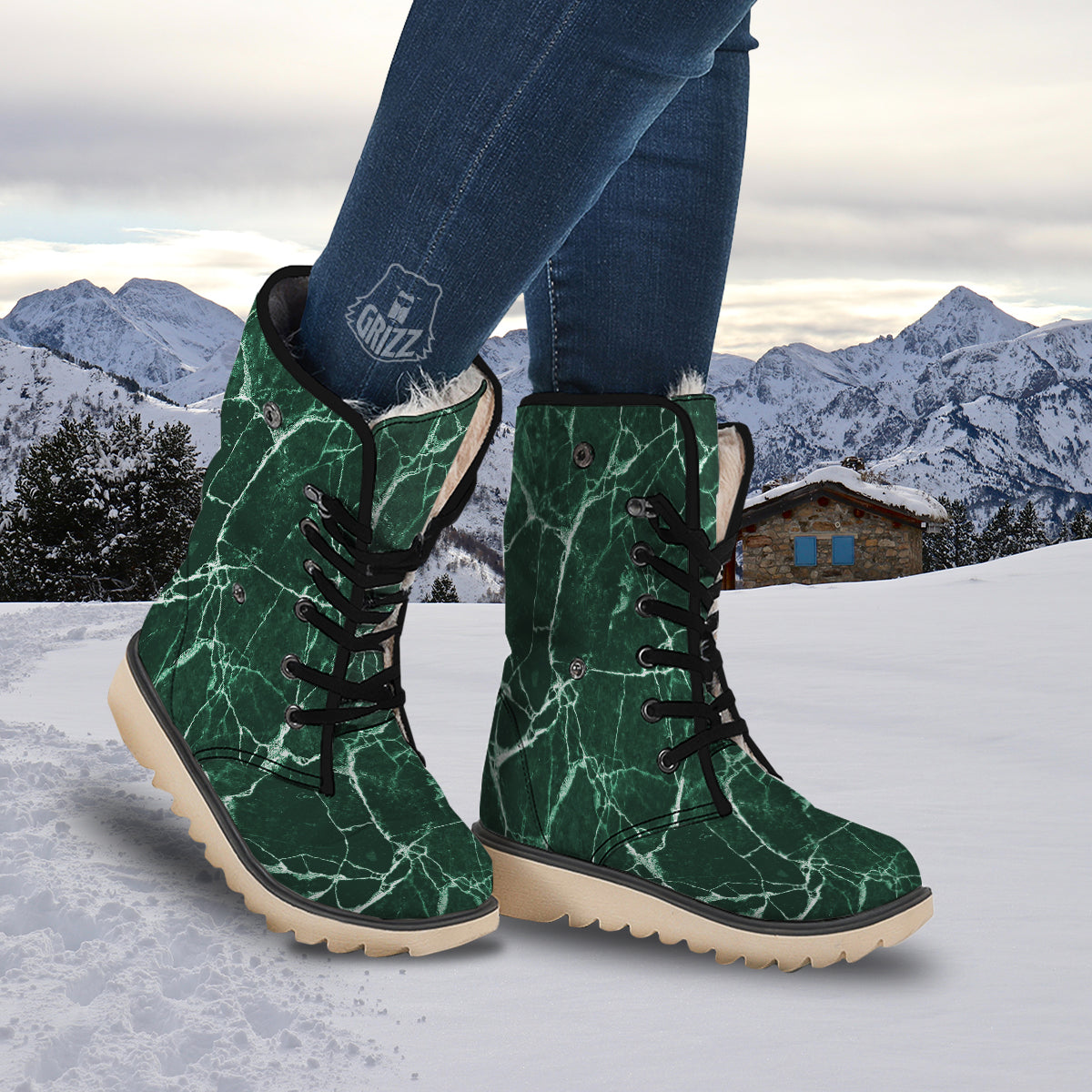 White And Dark Green Marble Texture Print Snow Boots-grizzshop