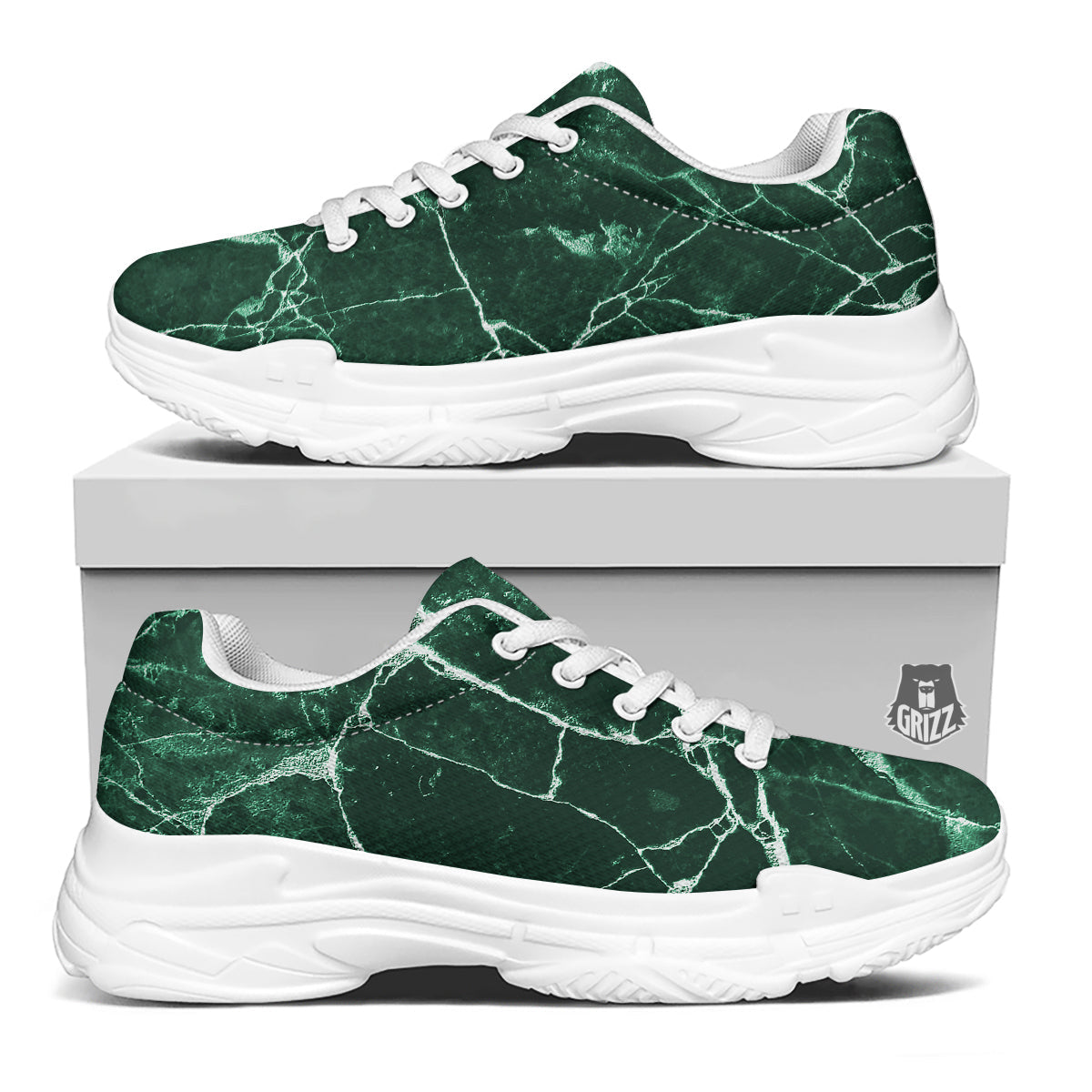 White And Dark Green Marble Texture Print White Chunky Shoes-grizzshop