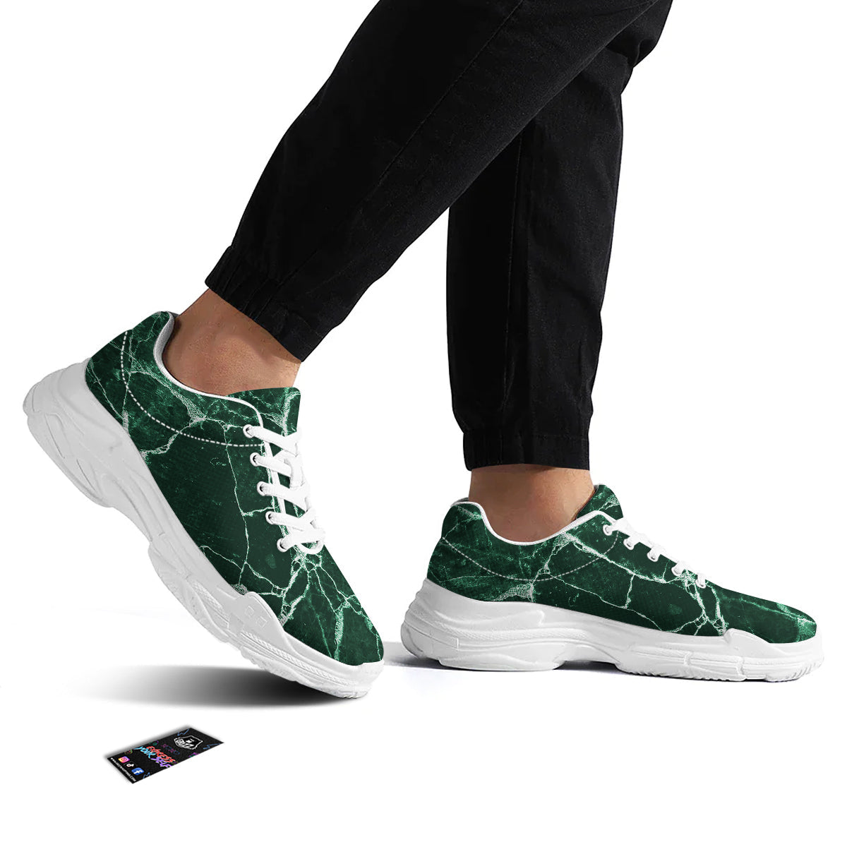 White And Dark Green Marble Texture Print White Chunky Shoes-grizzshop