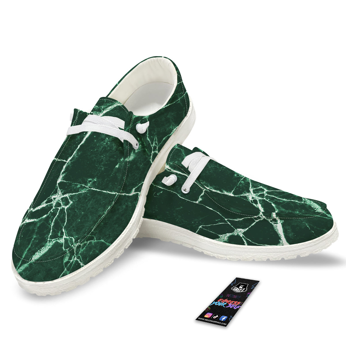 White And Dark Green Marble Texture Print White Loafers-grizzshop