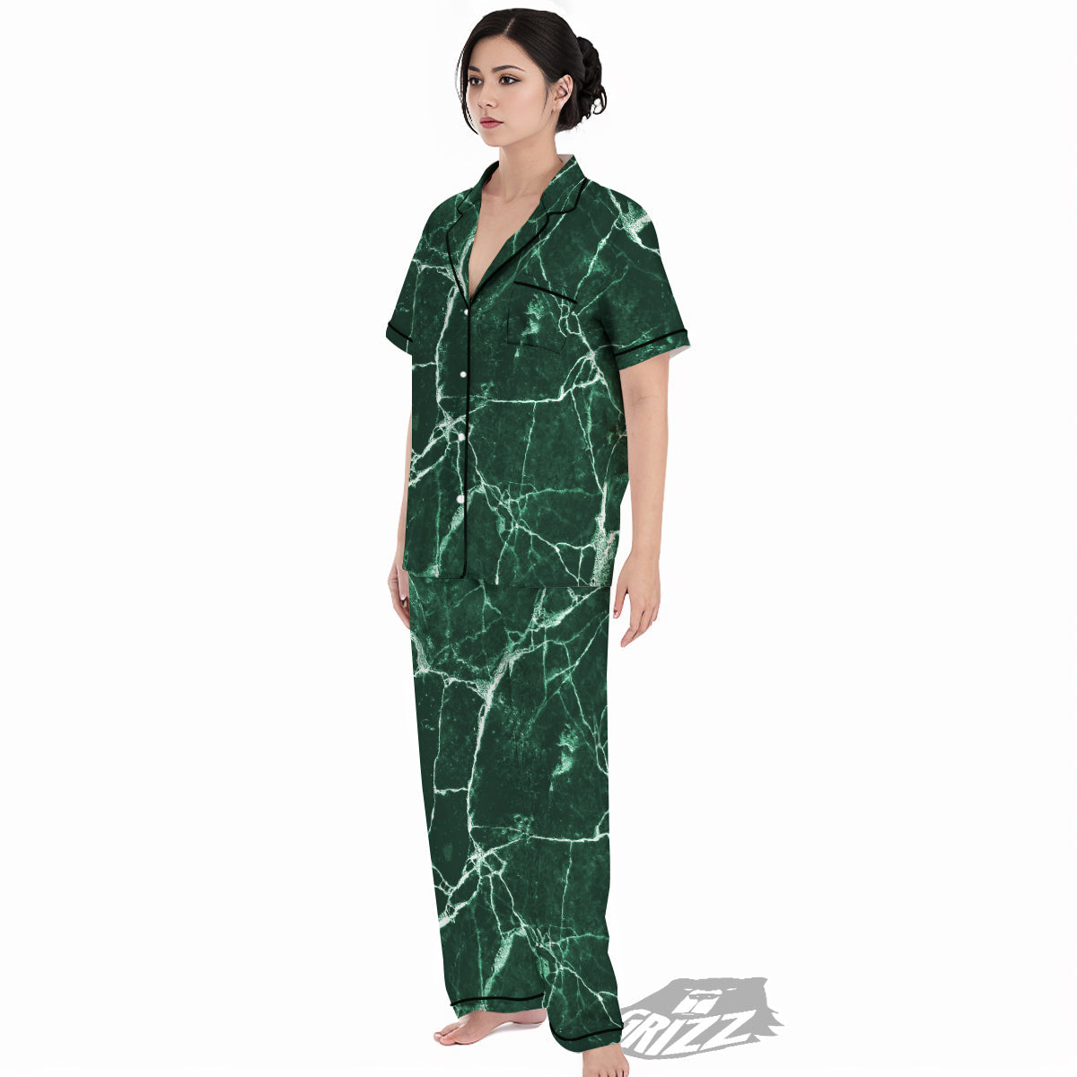 White And Dark Green Marble Texture Print Women's Pajamas Set-grizzshop
