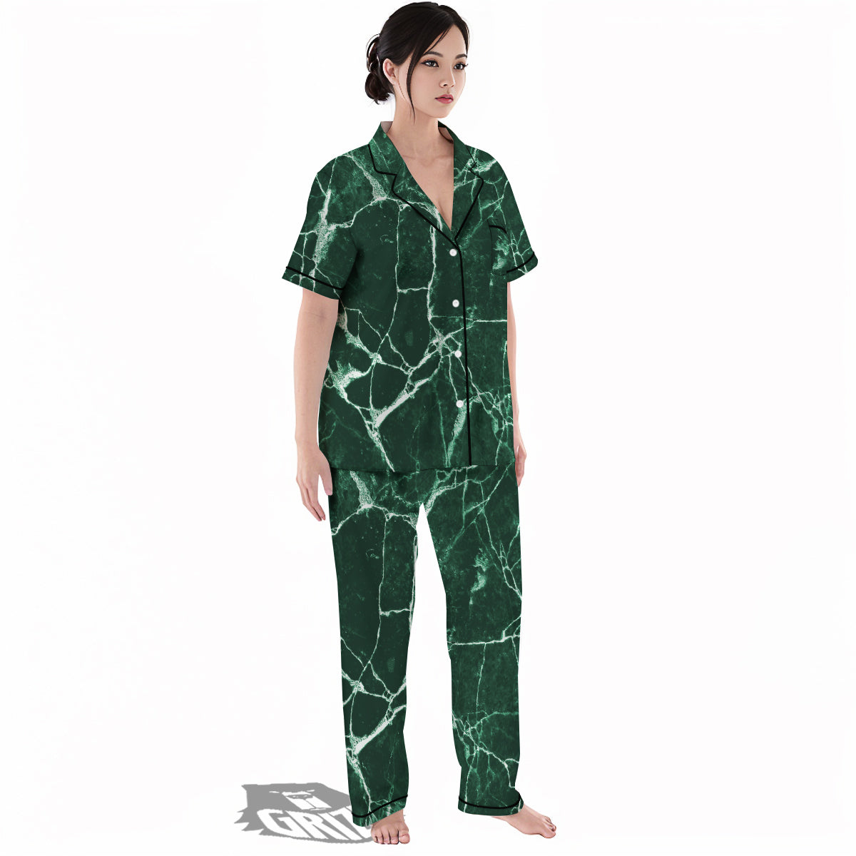 White And Dark Green Marble Texture Print Women's Pajamas Set-grizzshop