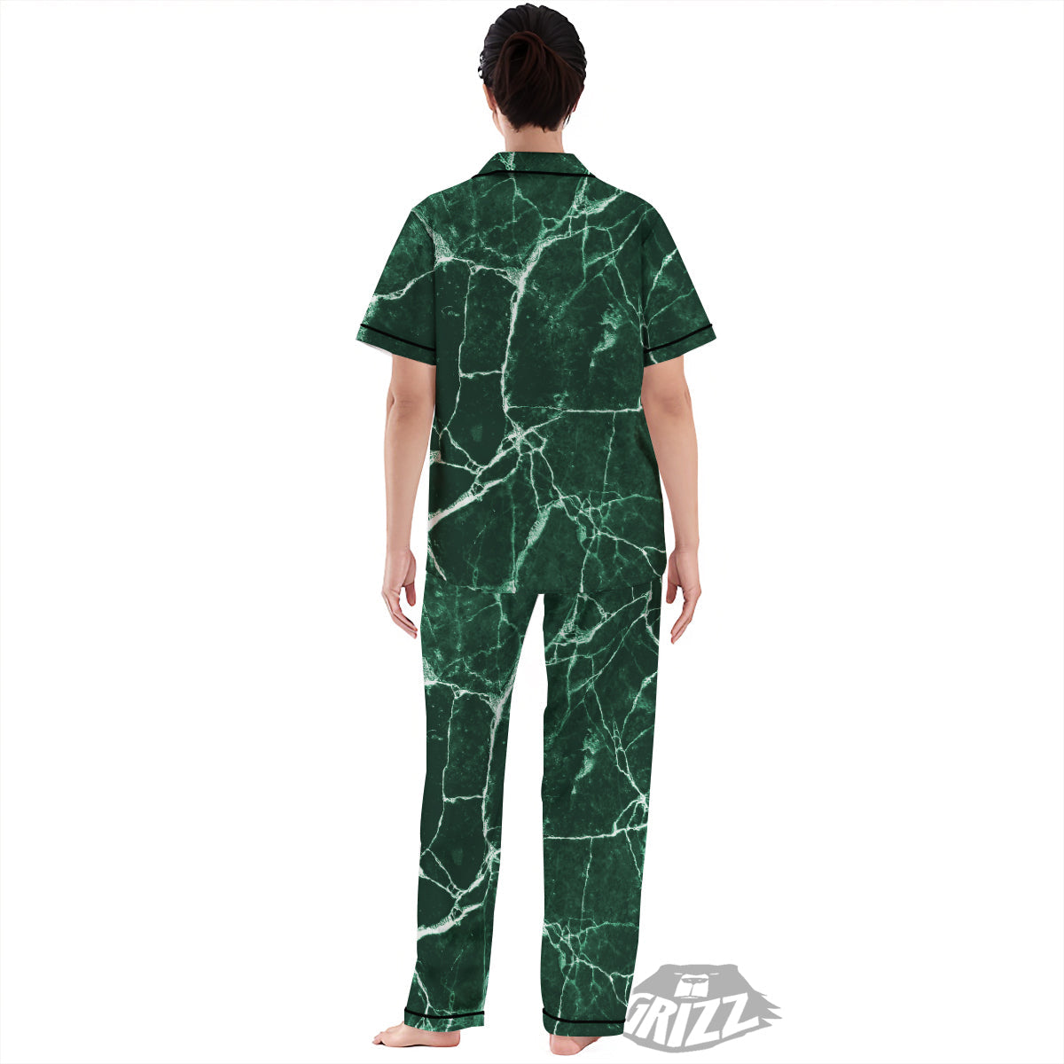 White And Dark Green Marble Texture Print Women's Pajamas Set-grizzshop