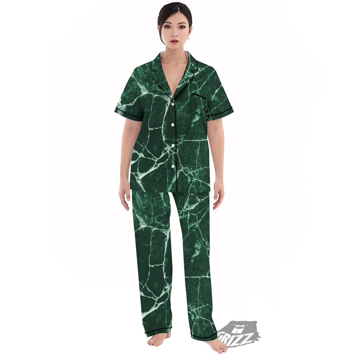 White And Dark Green Marble Texture Print Women's Pajamas Set-grizzshop