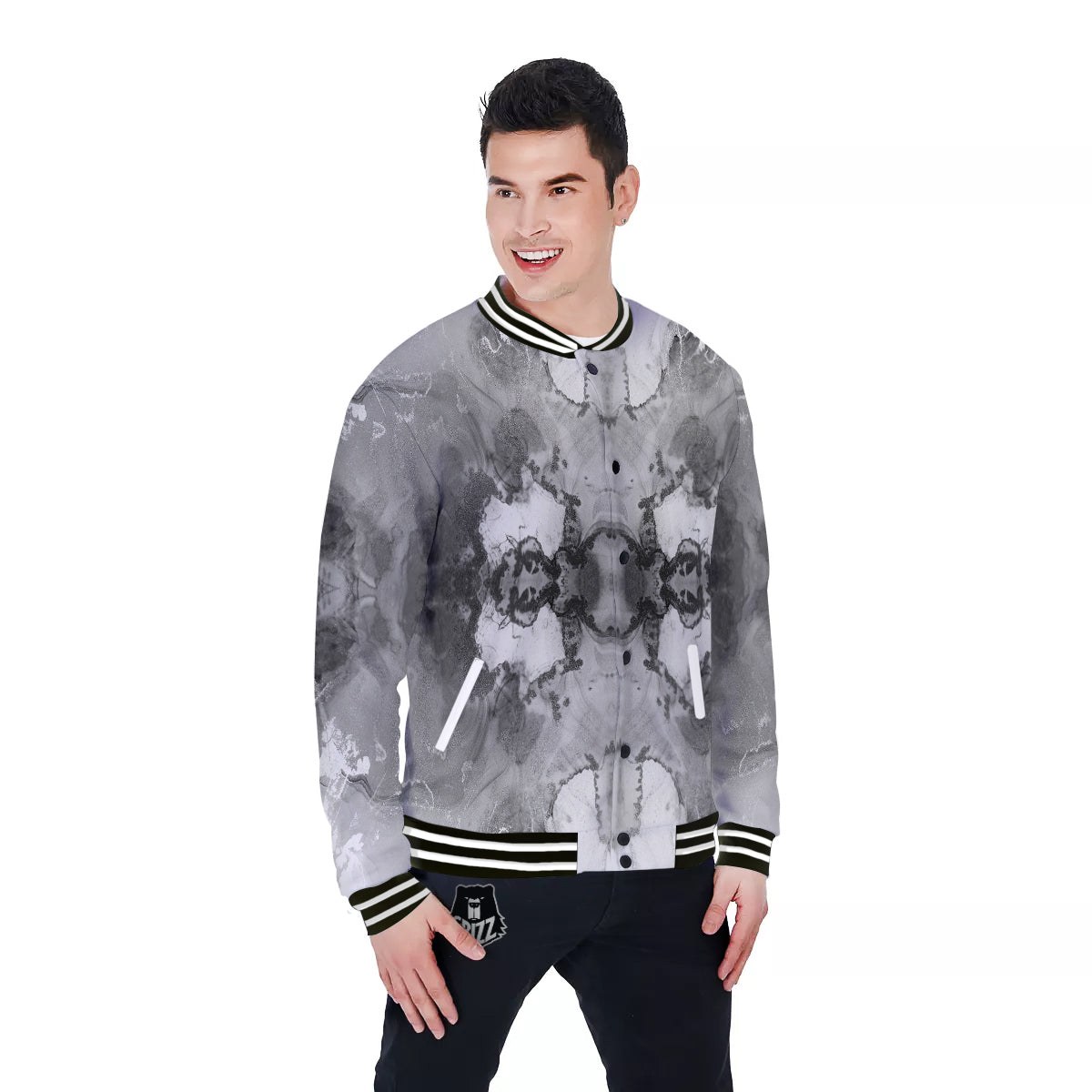 White And Dark Grey Marble Print Pattern Baseball Jacket-grizzshop
