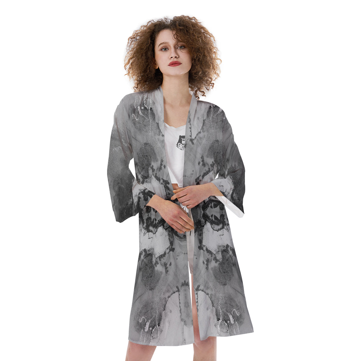 White And Dark Grey Marble Print Pattern Kimono-grizzshop
