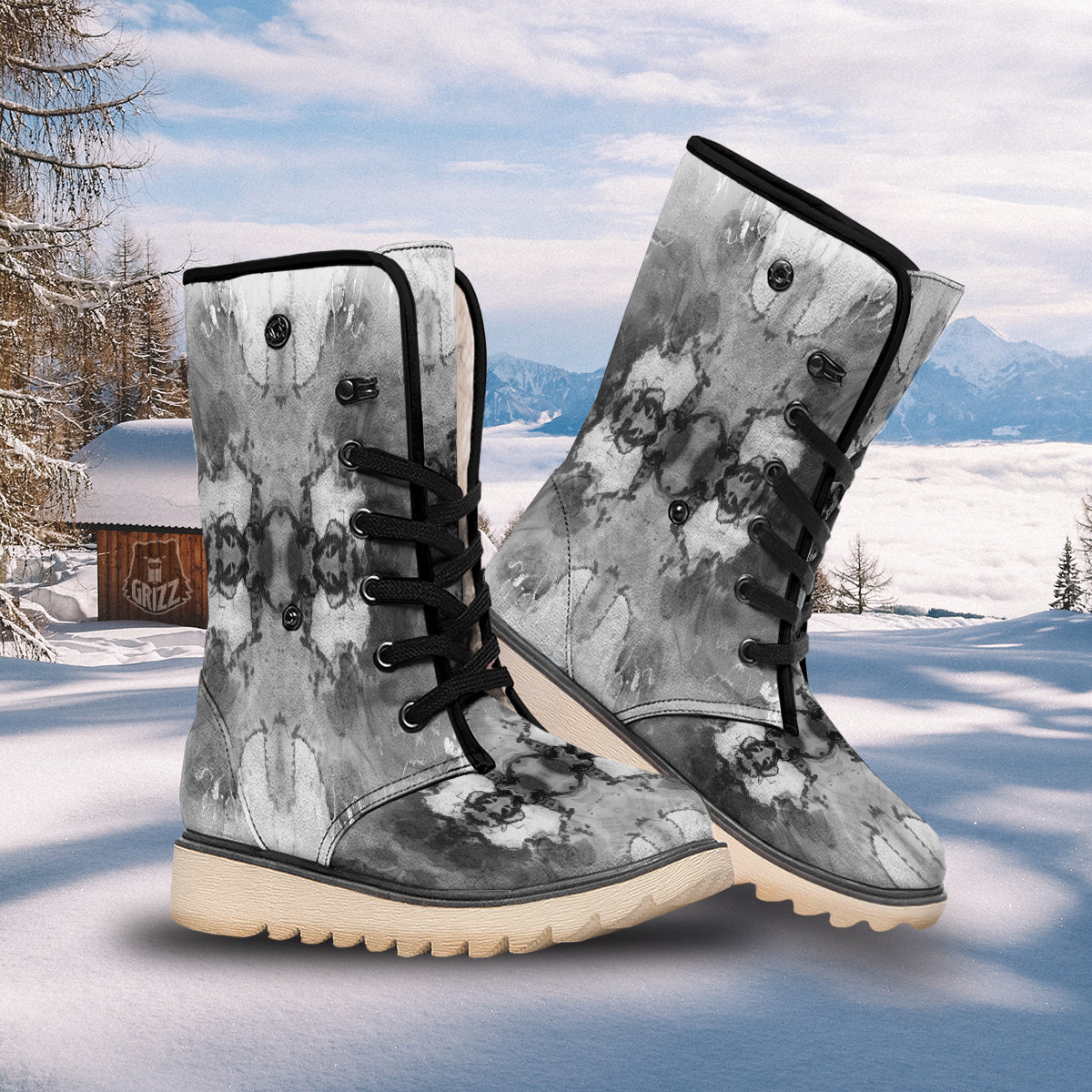 White And Dark Grey Marble Print Pattern Snow Boots-grizzshop