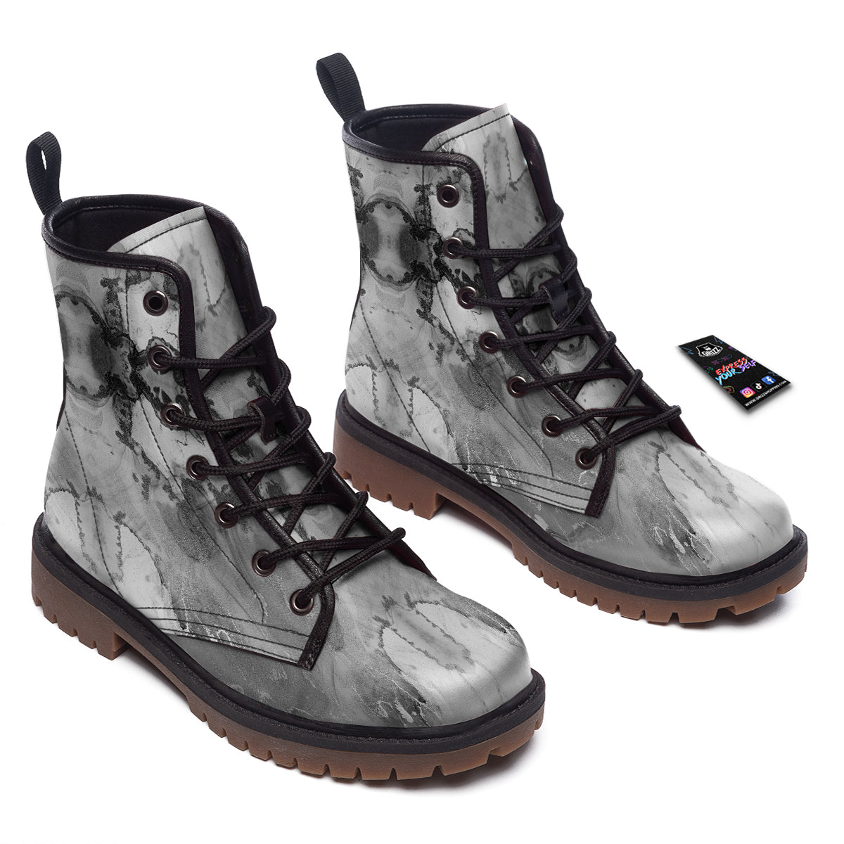 White And Dark Grey Marble Print Pattern Work Boots-grizzshop