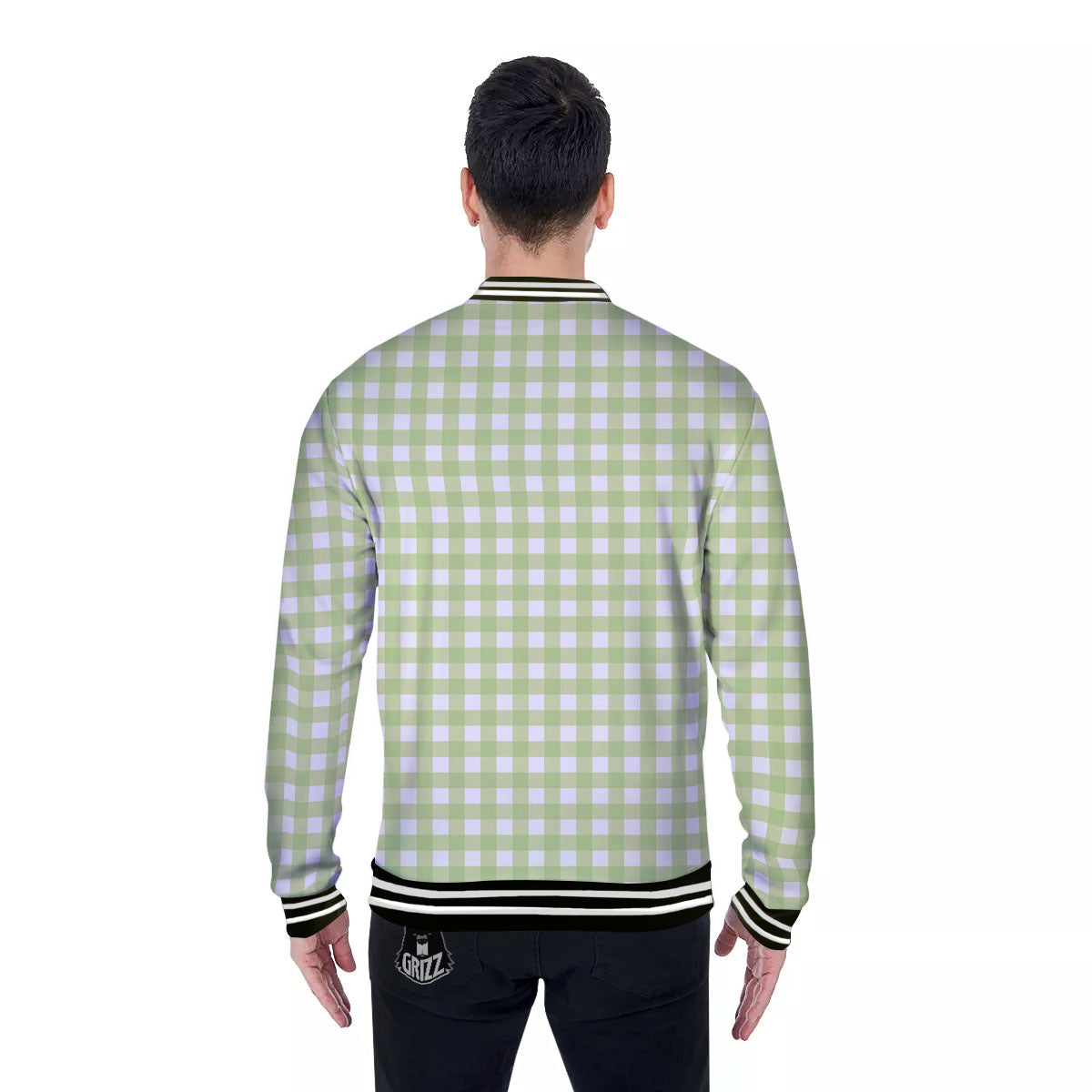 White And Green Check Print Pattern Baseball Jacket-grizzshop