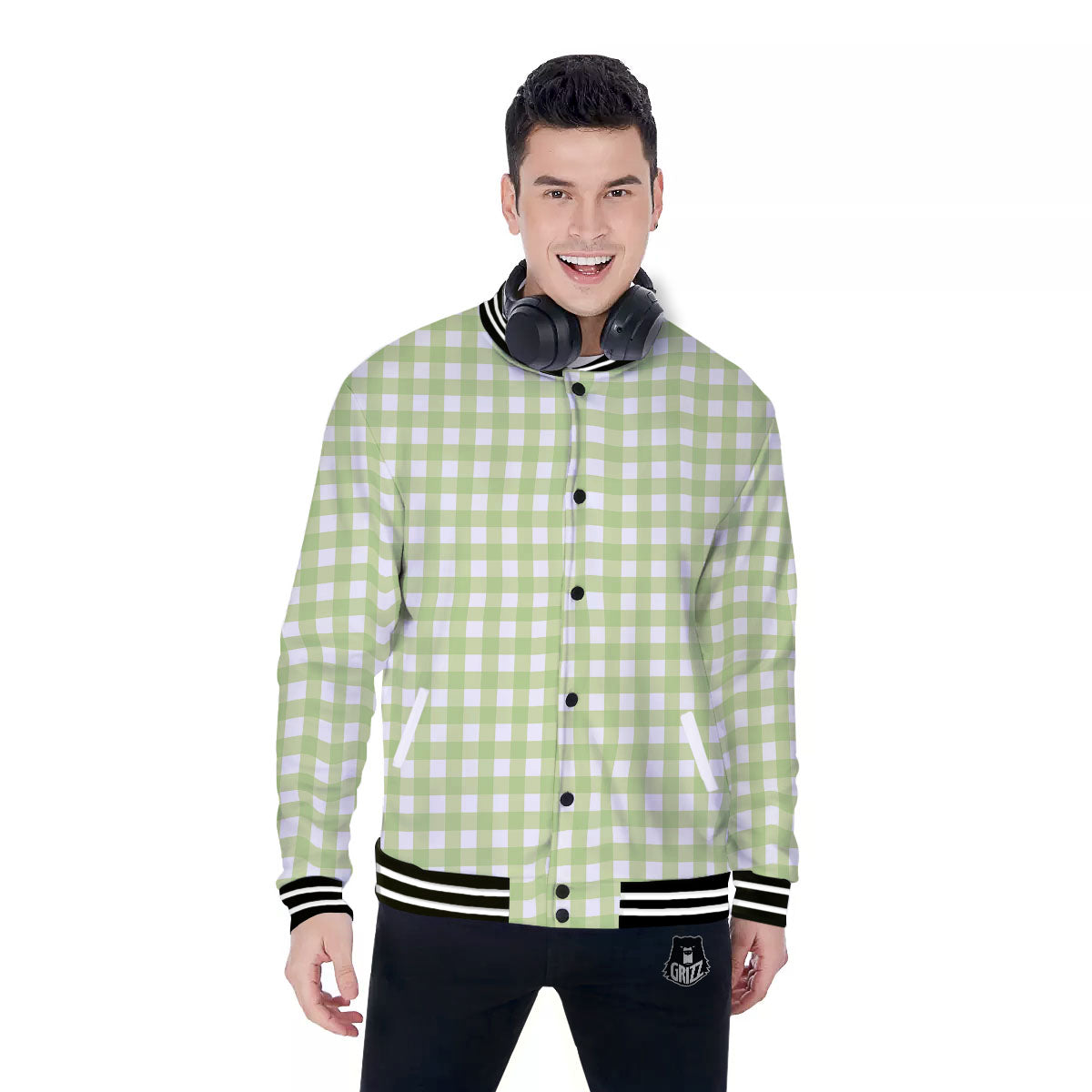 White And Green Check Print Pattern Baseball Jacket-grizzshop