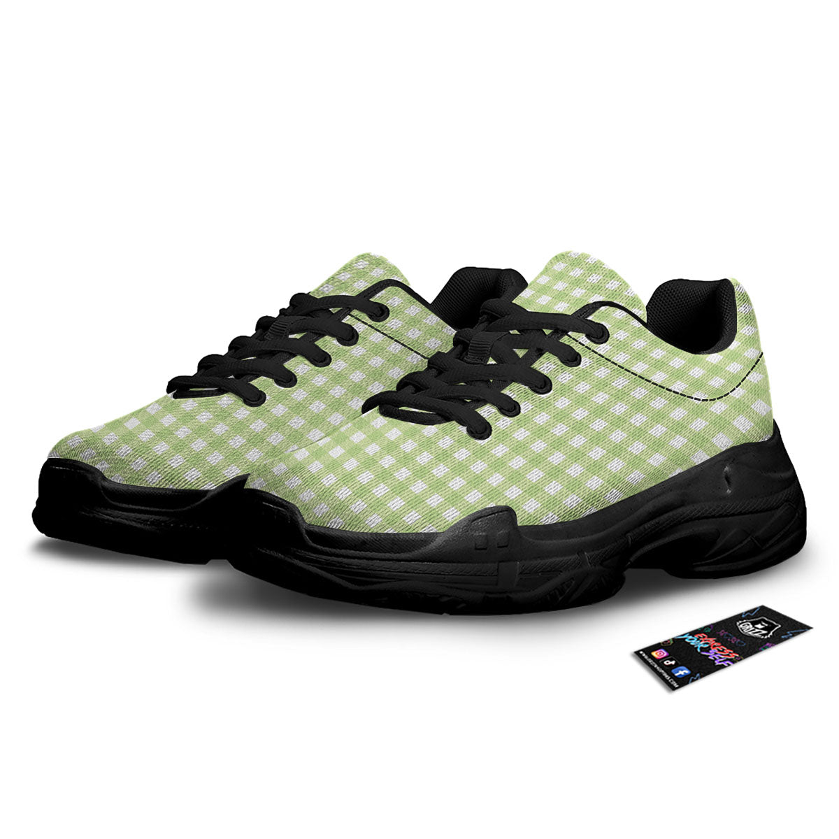 White And Green Check Print Pattern Black Chunky Shoes-grizzshop