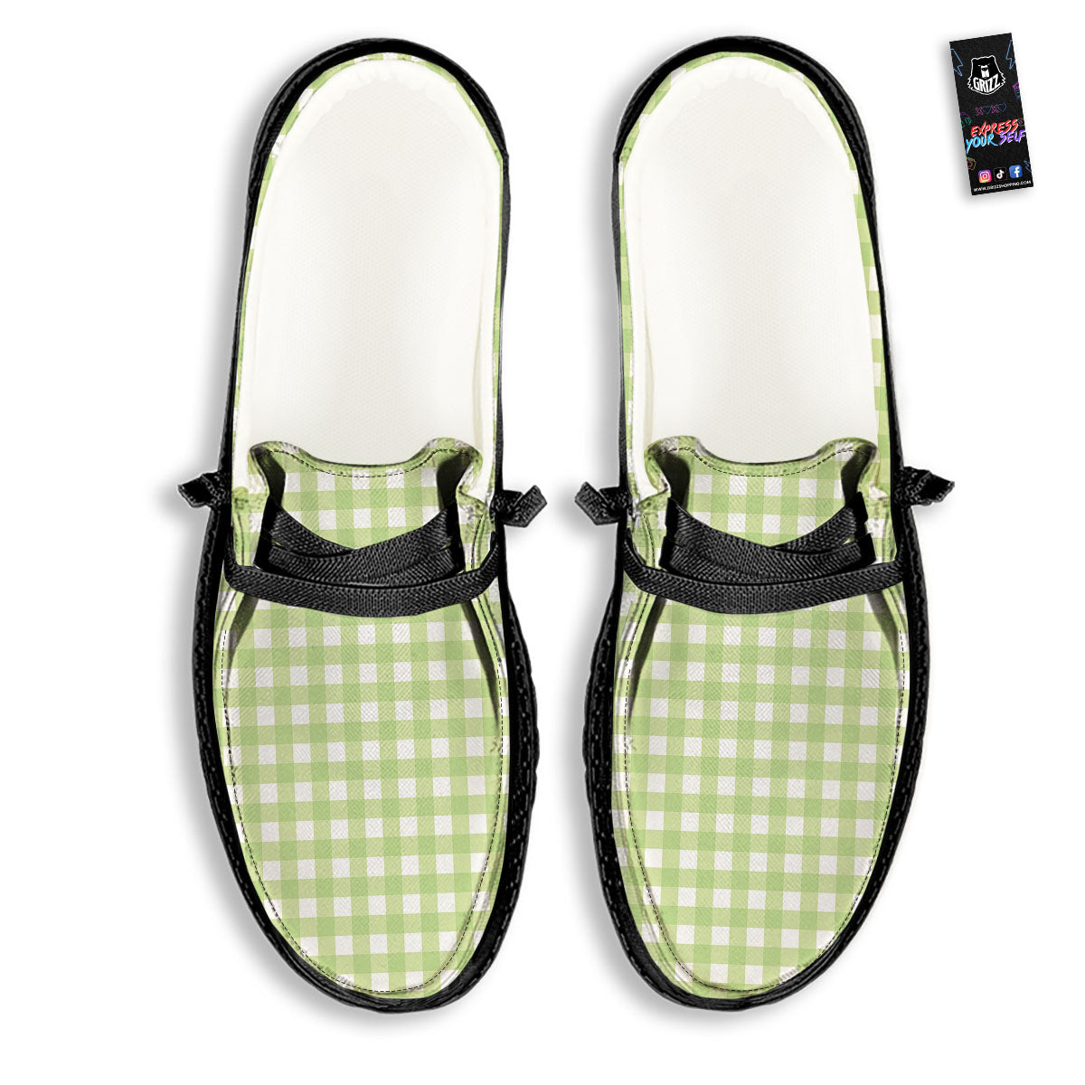 White And Green Check Print Pattern Black Loafers-grizzshop