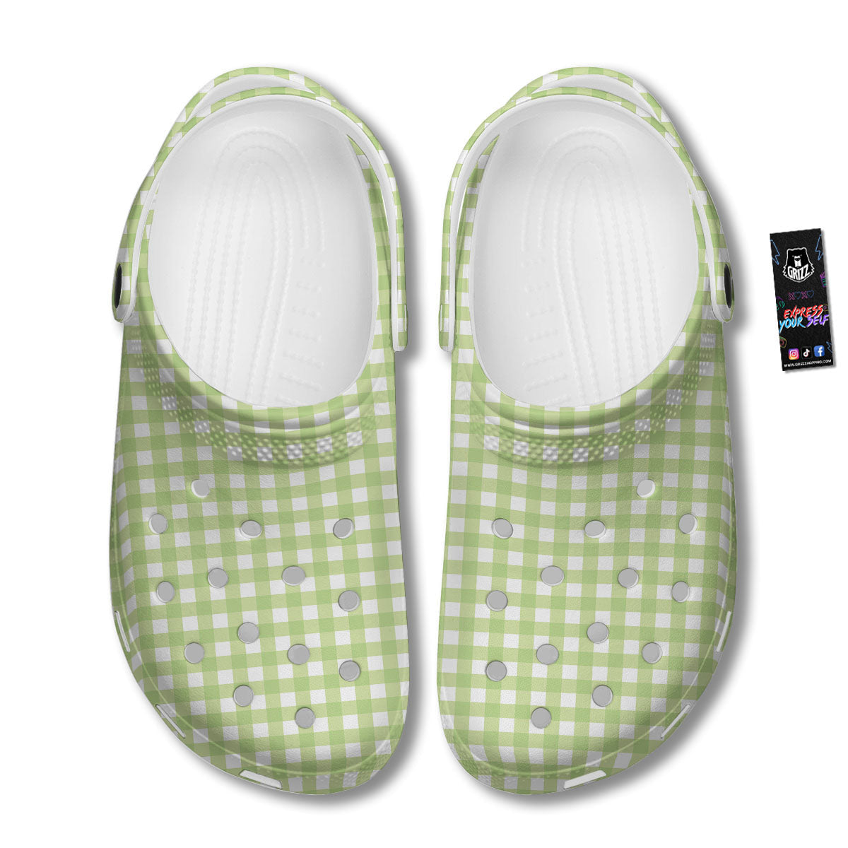 White And Green Check Print Pattern Clog-grizzshop