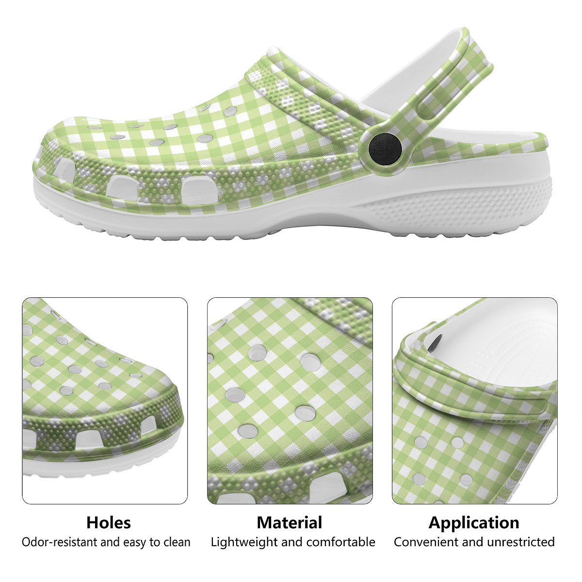 White And Green Check Print Pattern Clog-grizzshop