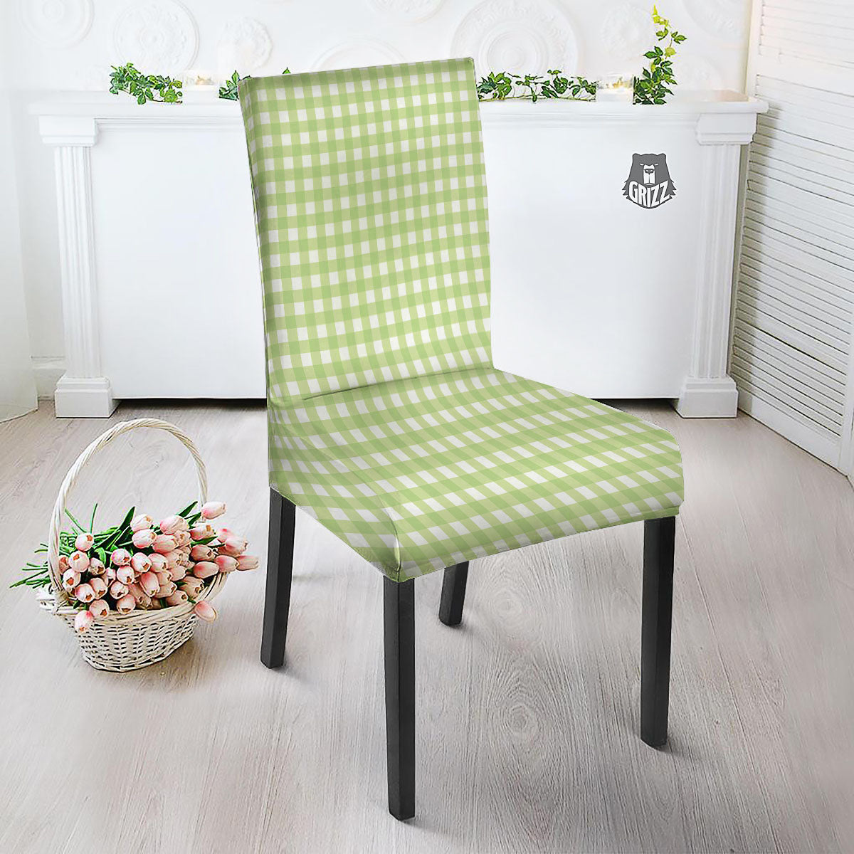White And Green Check Print Pattern Dining Chair Slipcover-grizzshop