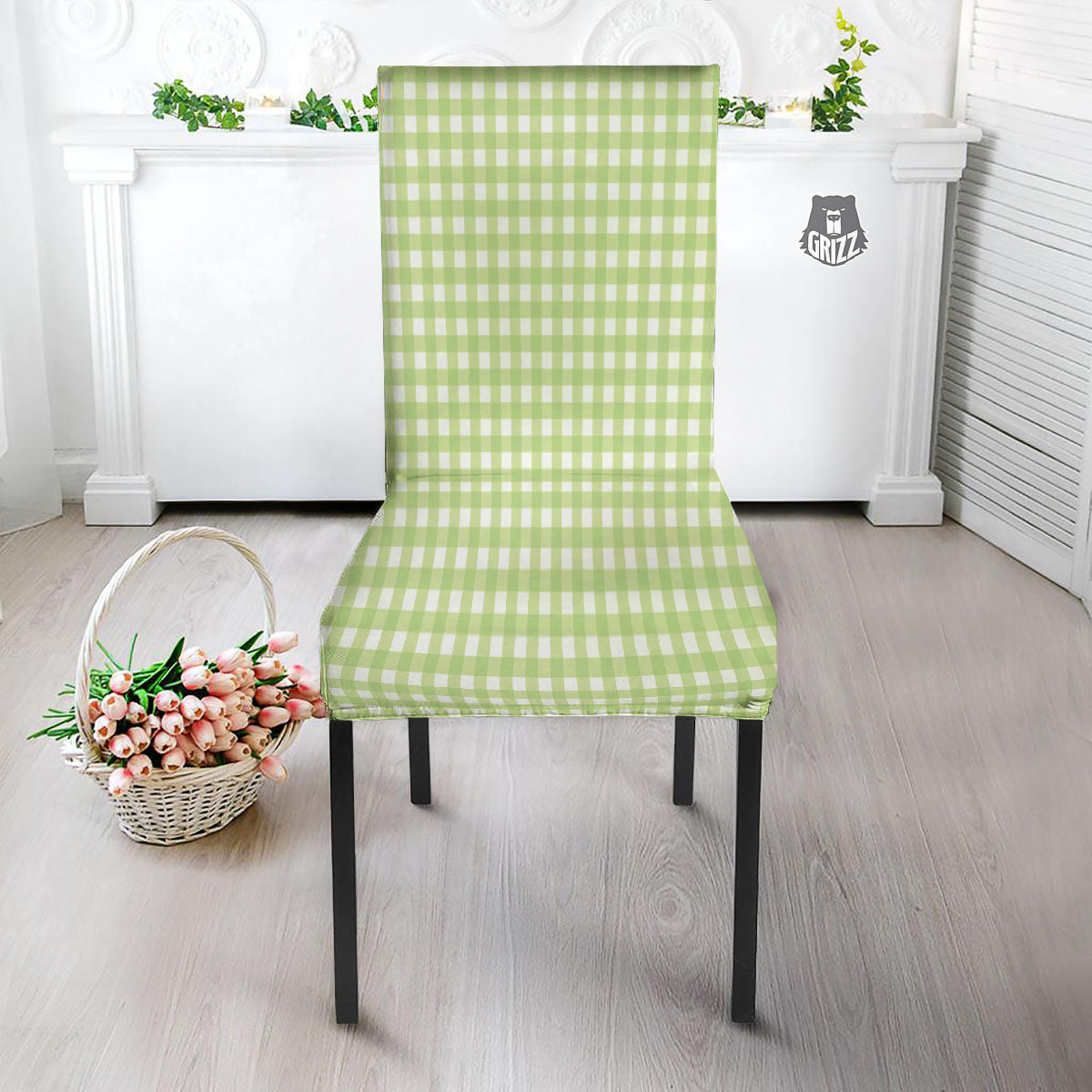 White And Green Check Print Pattern Dining Chair Slipcover-grizzshop