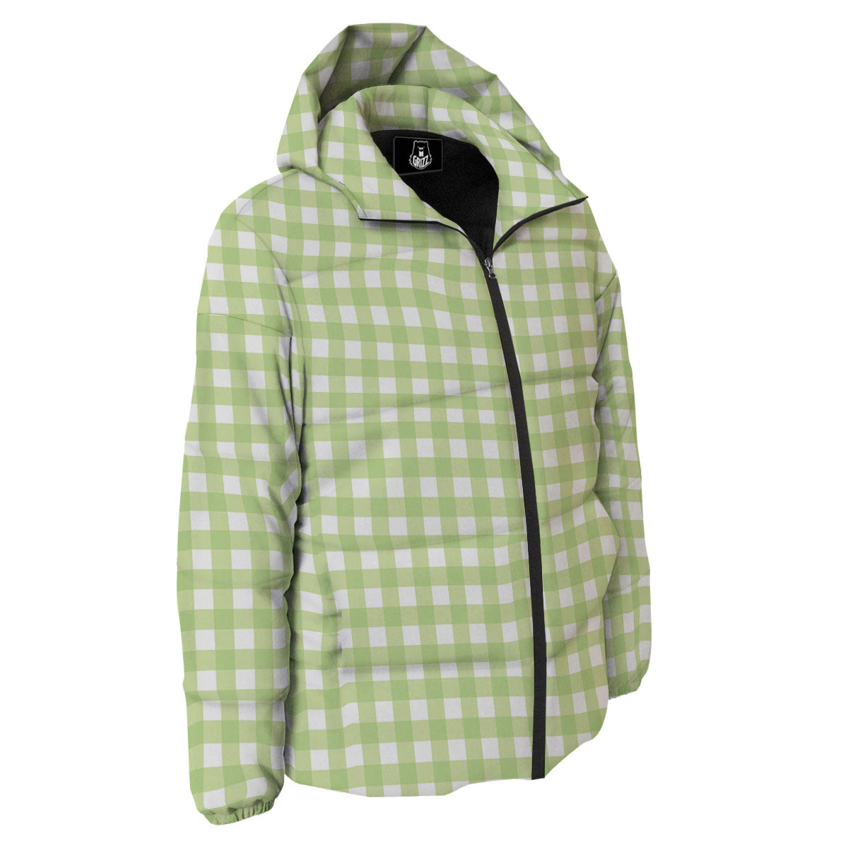 White And Green Check Print Pattern Down Jacket-grizzshop