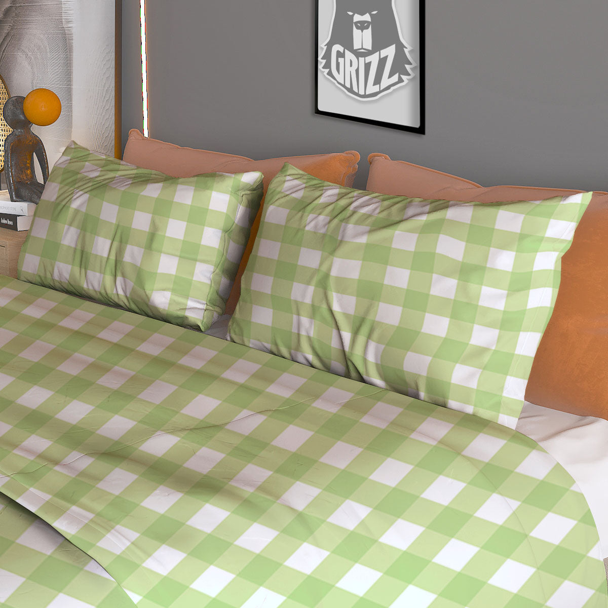 White And Green Check Print Pattern Duvet Cover Bedding Set
