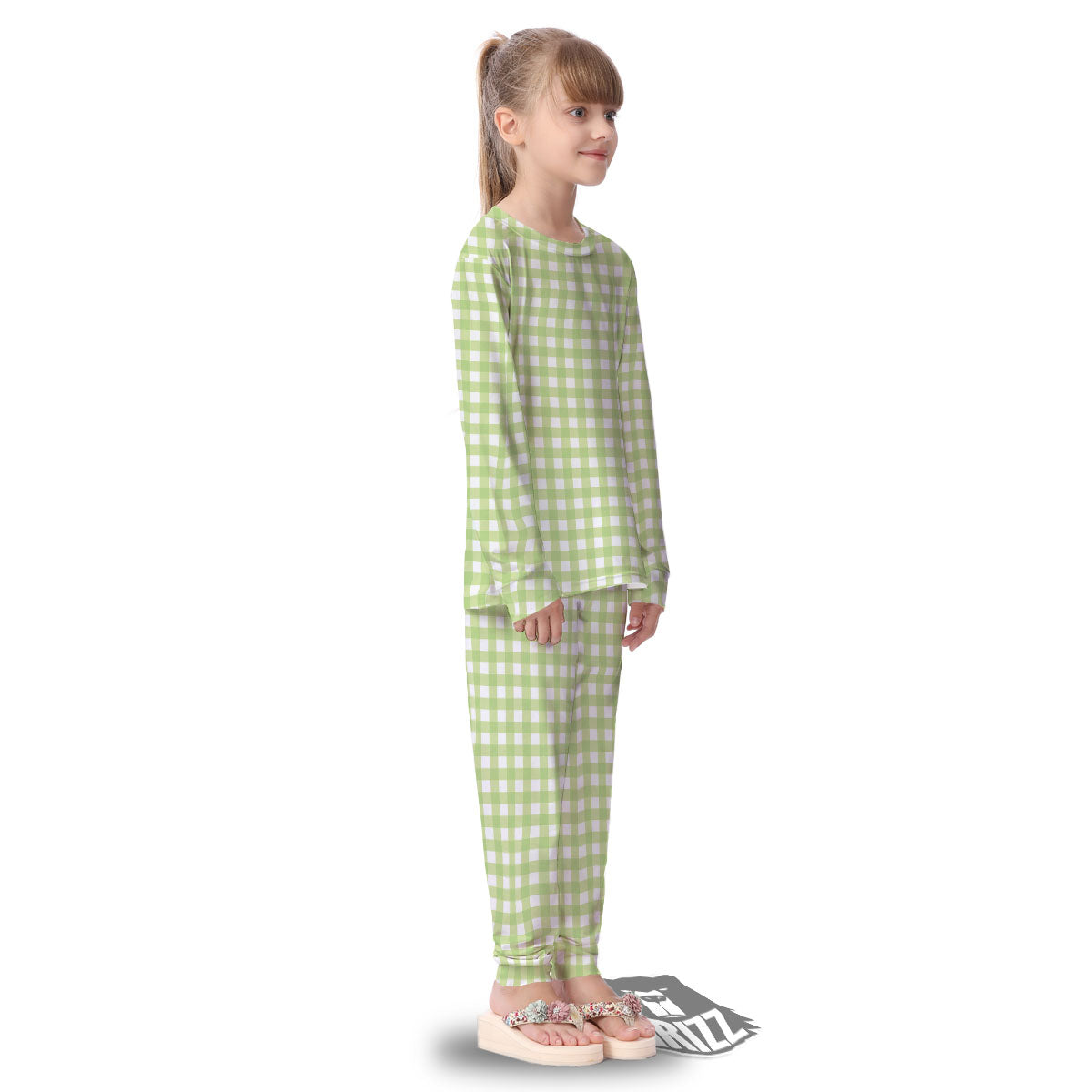 White And Green Check Print Pattern Kid's Pajamas-grizzshop