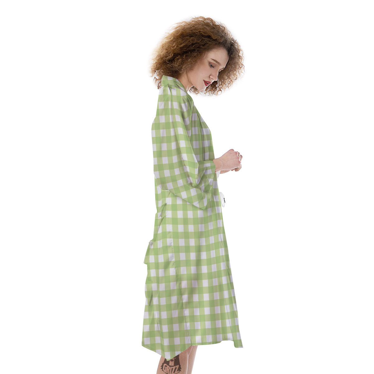 White And Green Check Print Pattern Kimono-grizzshop