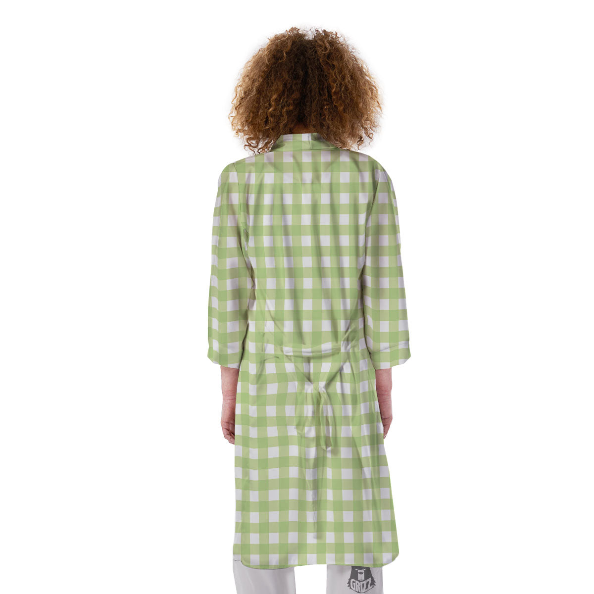 White And Green Check Print Pattern Kimono-grizzshop