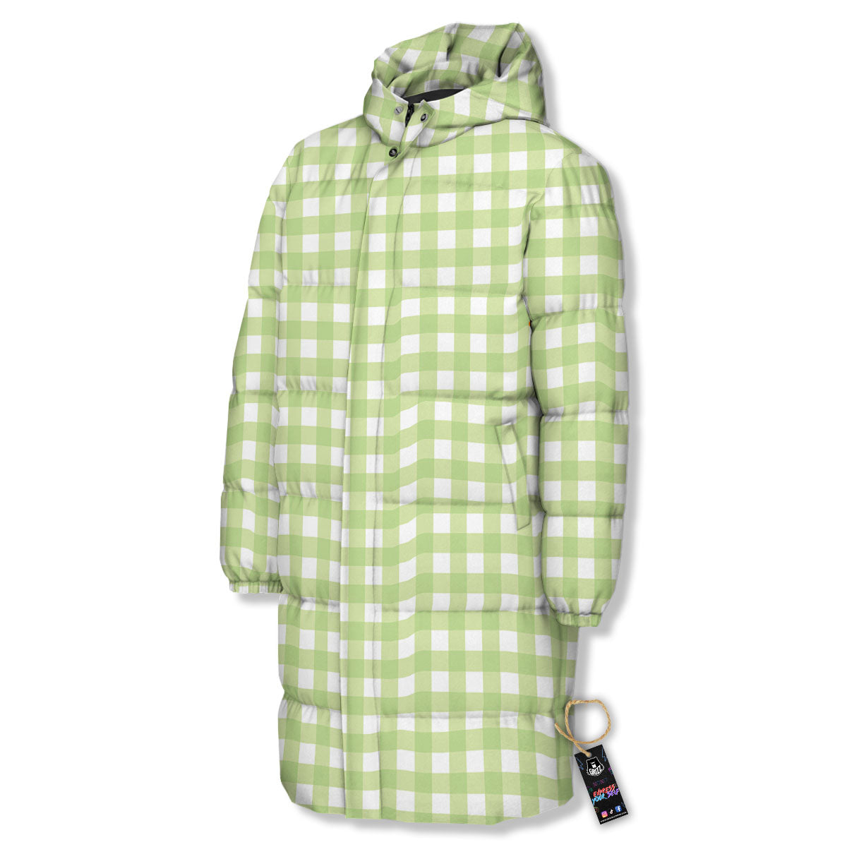 White And Green Check Print Pattern Long Down Jacket-grizzshop