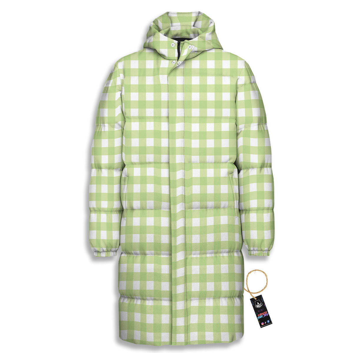 White And Green Check Print Pattern Long Down Jacket-grizzshop