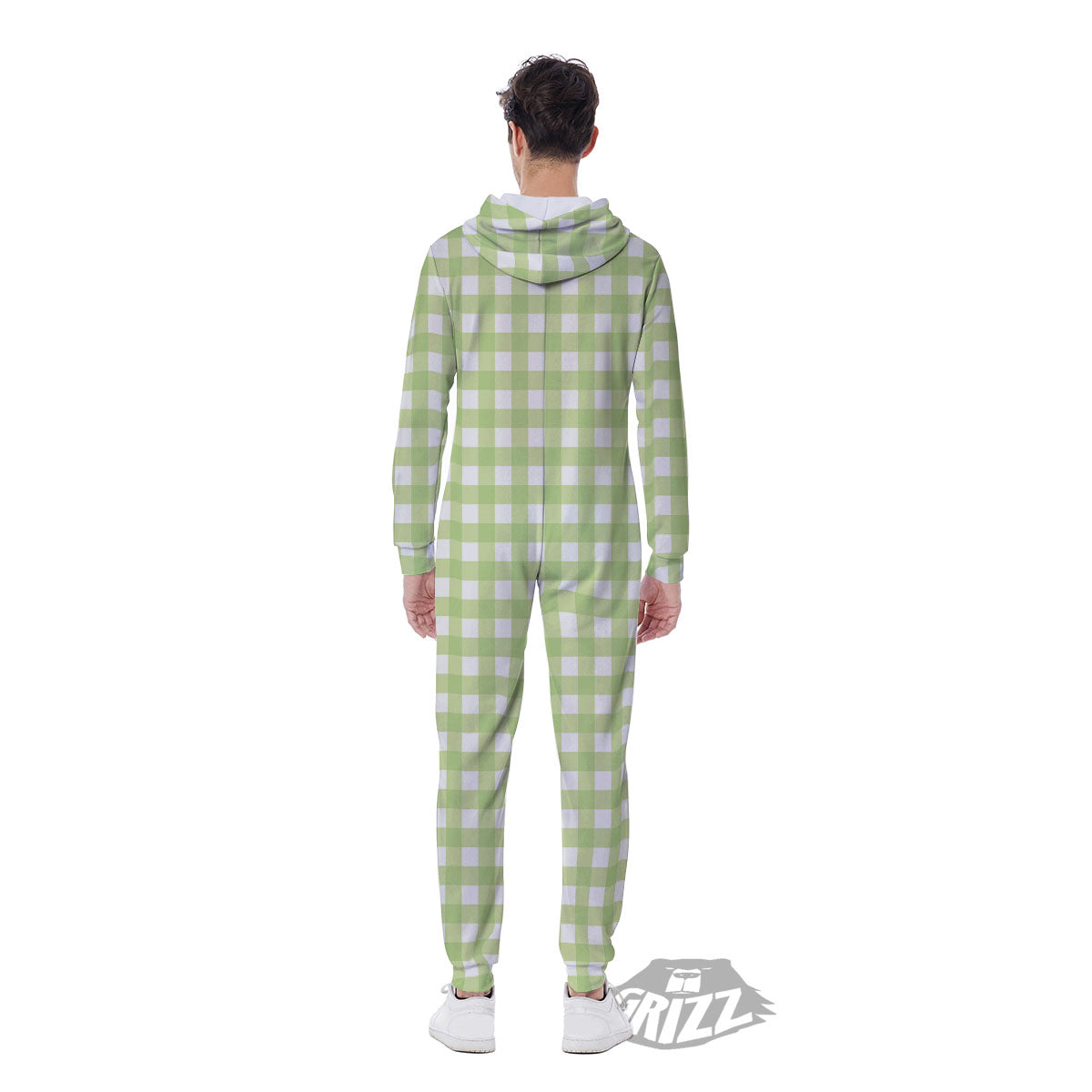 White And Green Check Print Pattern Men's Jumpsuit-grizzshop