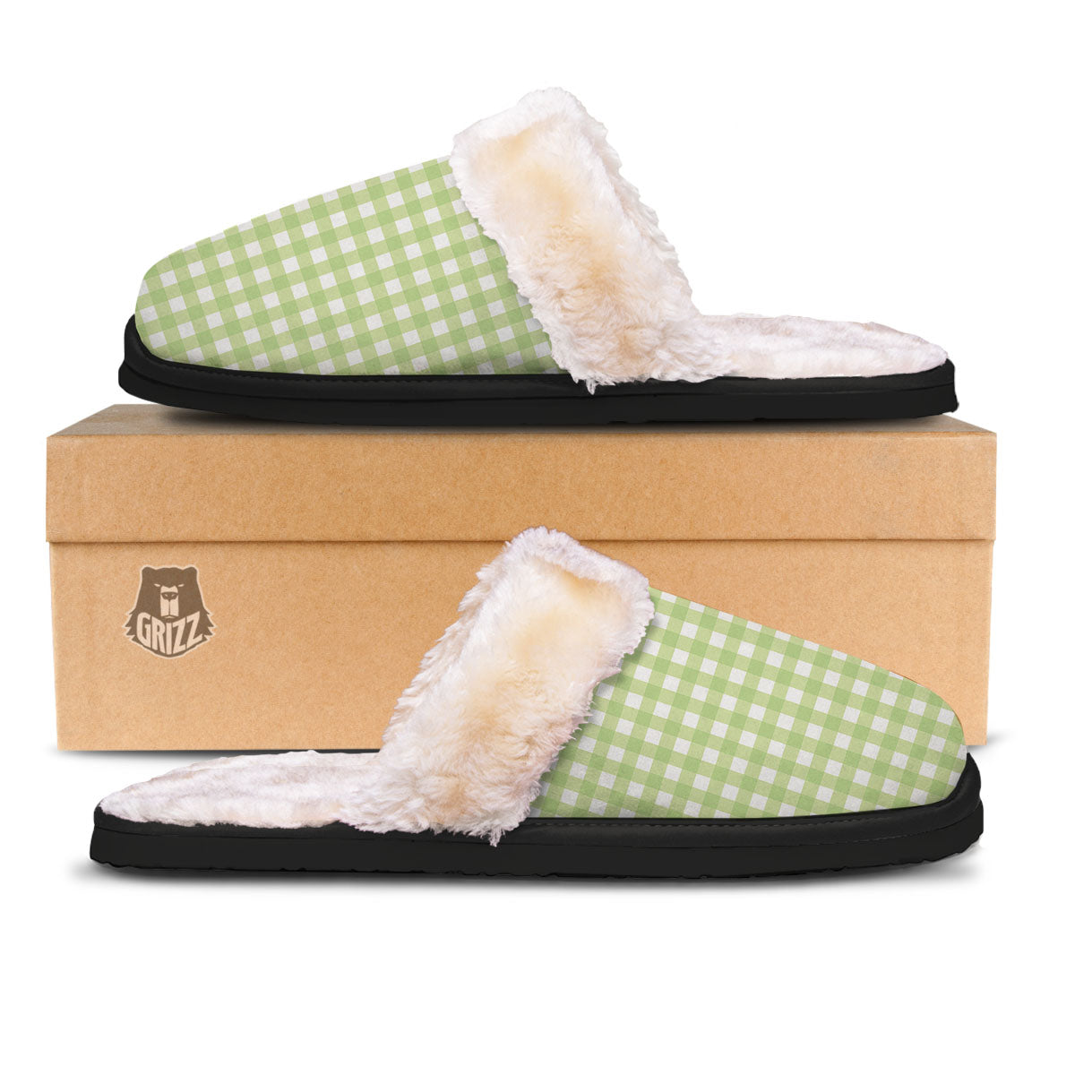 White And Green Check Print Pattern Slippers-grizzshop
