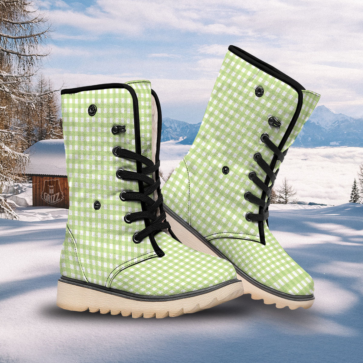 White And Green Check Print Pattern Snow Boots-grizzshop